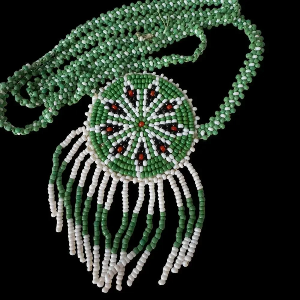 Vintage Native Tribal Seed Bead Necklace White Green Tassel Cool w Leather Back